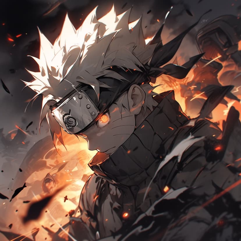 Naruto Uzumaki with glowing orange eyes and spiky blonde hair stands before a backdrop of dark, swirling flames.