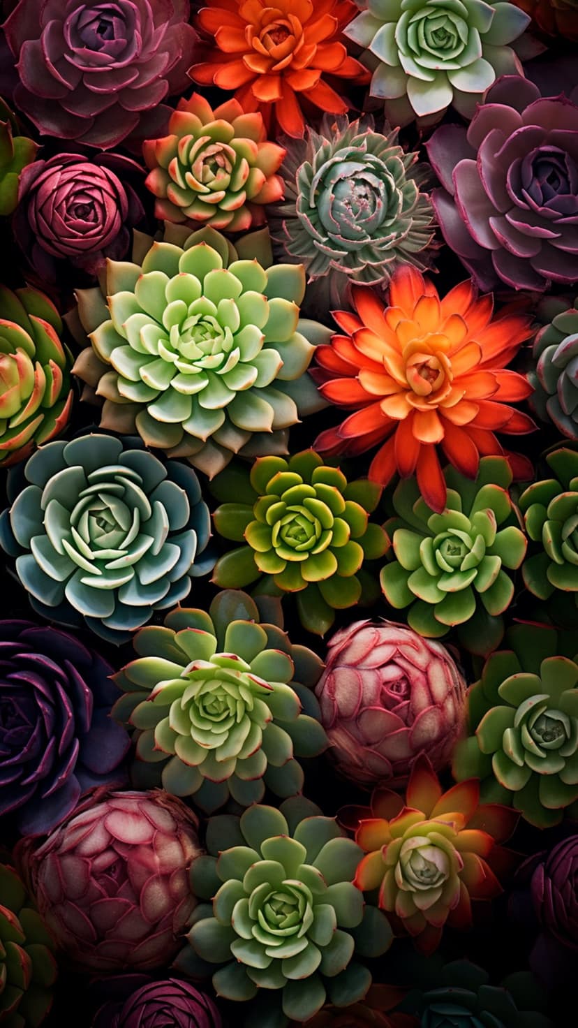 Succulent rosettes in shades of pink, orange, and purple arranged in a dense, top-down botanical pattern.