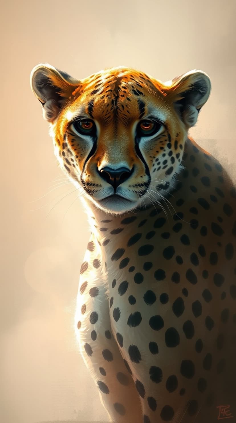 Cheetah with amber eyes stares forward while golden sunlight illuminates its black facial tear marks and spots.
