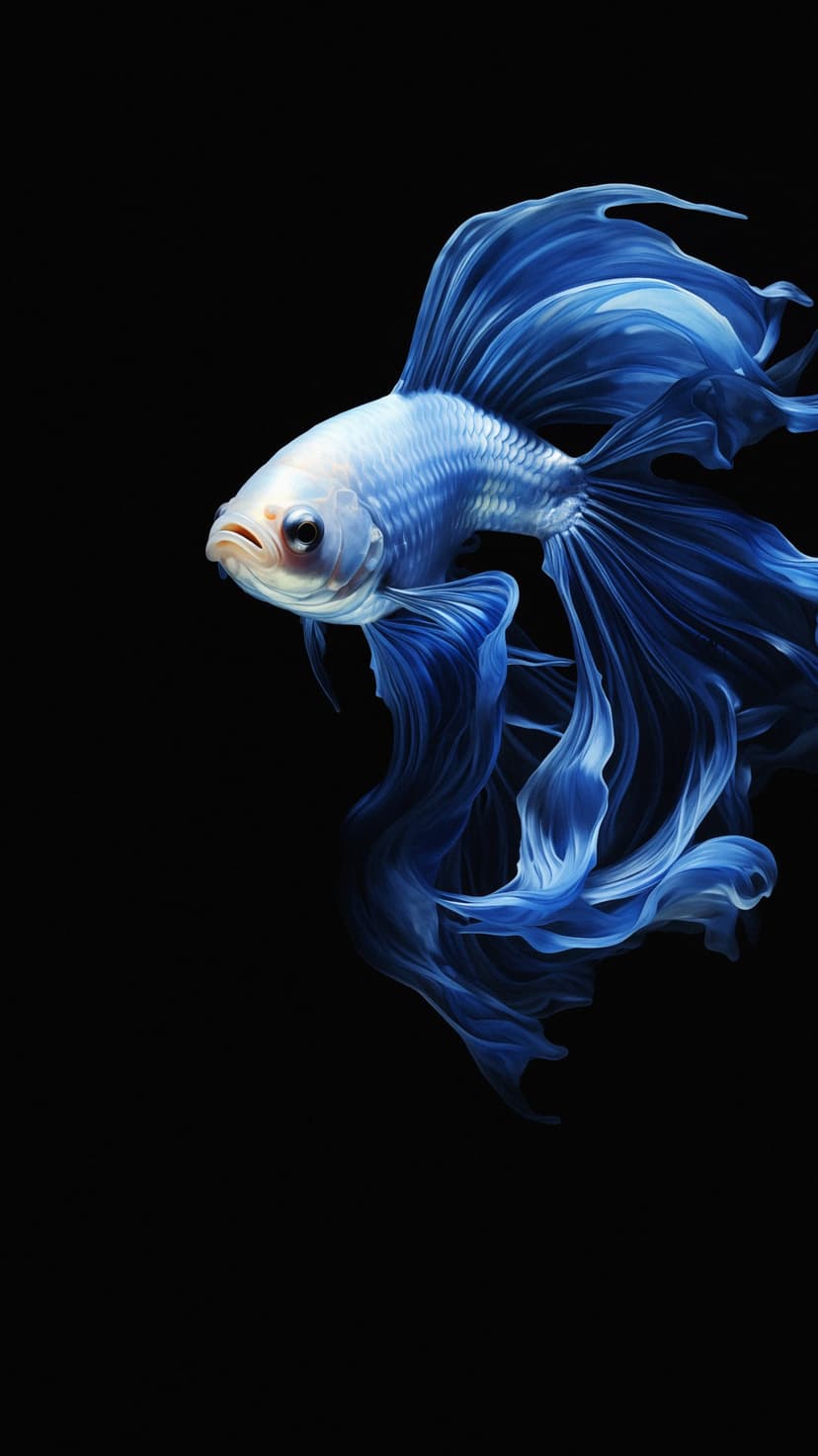 Blue Betta fish with elongated translucent fins swimming against a solid black background in a vertical view.