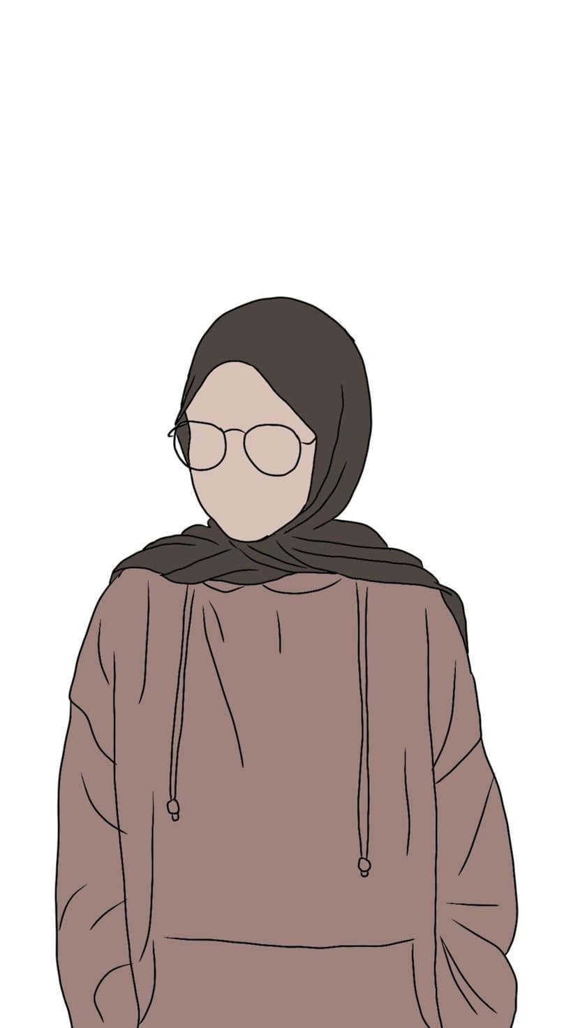 Person wearing a brown hijab, hooded sweatshirt, and round glasses against a solid white background.