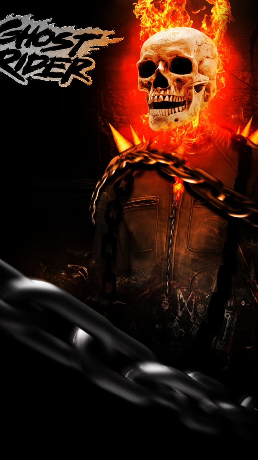 Ghost Rider with a flaming skull and leather jacket holds a glowing metal chain amidst smoke and embers.