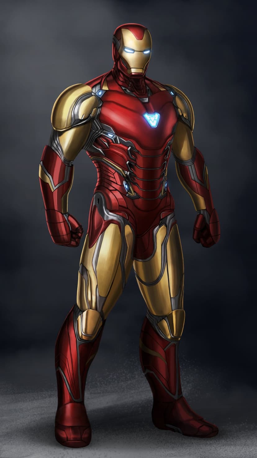 Iron Man in red and gold armor with a glowing blue arc reactor stands against a dark industrial background.