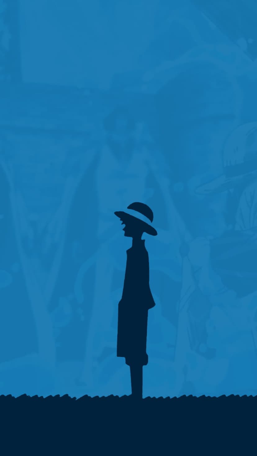 Monkey D. Luffy stands in a deep blue silhouette wearing a straw hat against a muted navy gradient background.