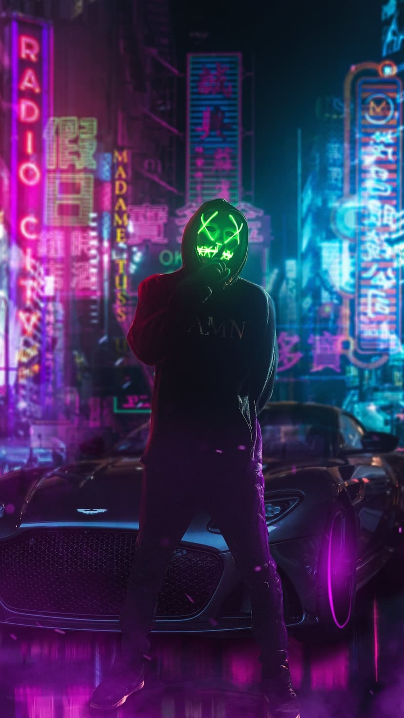 Masked figure in a glowing green visor stands by a black luxury car under vibrant purple neon city lights.