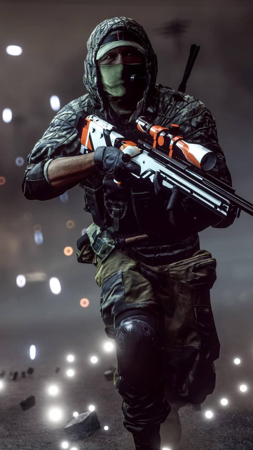 Camouflaged sniper wearing a hood and face mask aims a white and orange rifle amidst foggy rocks and glowing lights.