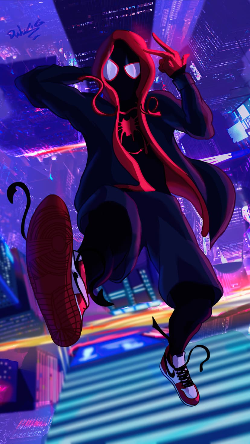 Miles Morales in a red and black Spider-Man suit jumps between neon-lit skyscrapers with glowing light trails.