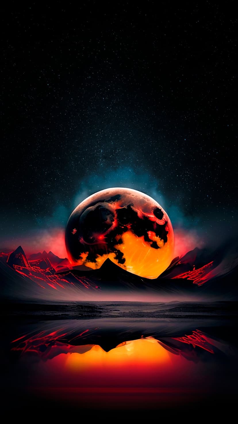 Glowing orange moon hangs over dark jagged mountains and a lake reflecting red lava veins in a starry night sky.