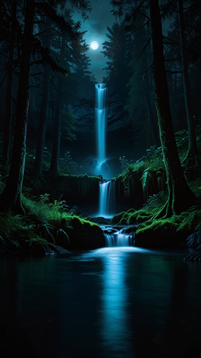 Cascading waterfall glowing under a full moon in a dense dark forest surrounded by ancient trees and mossy rocks.