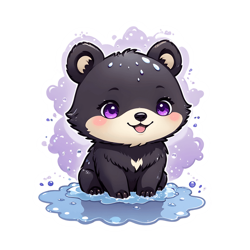 Charcoal bear cub sticker with purple eyes sitting in a blue puddle with lavender clouds and water droplets.