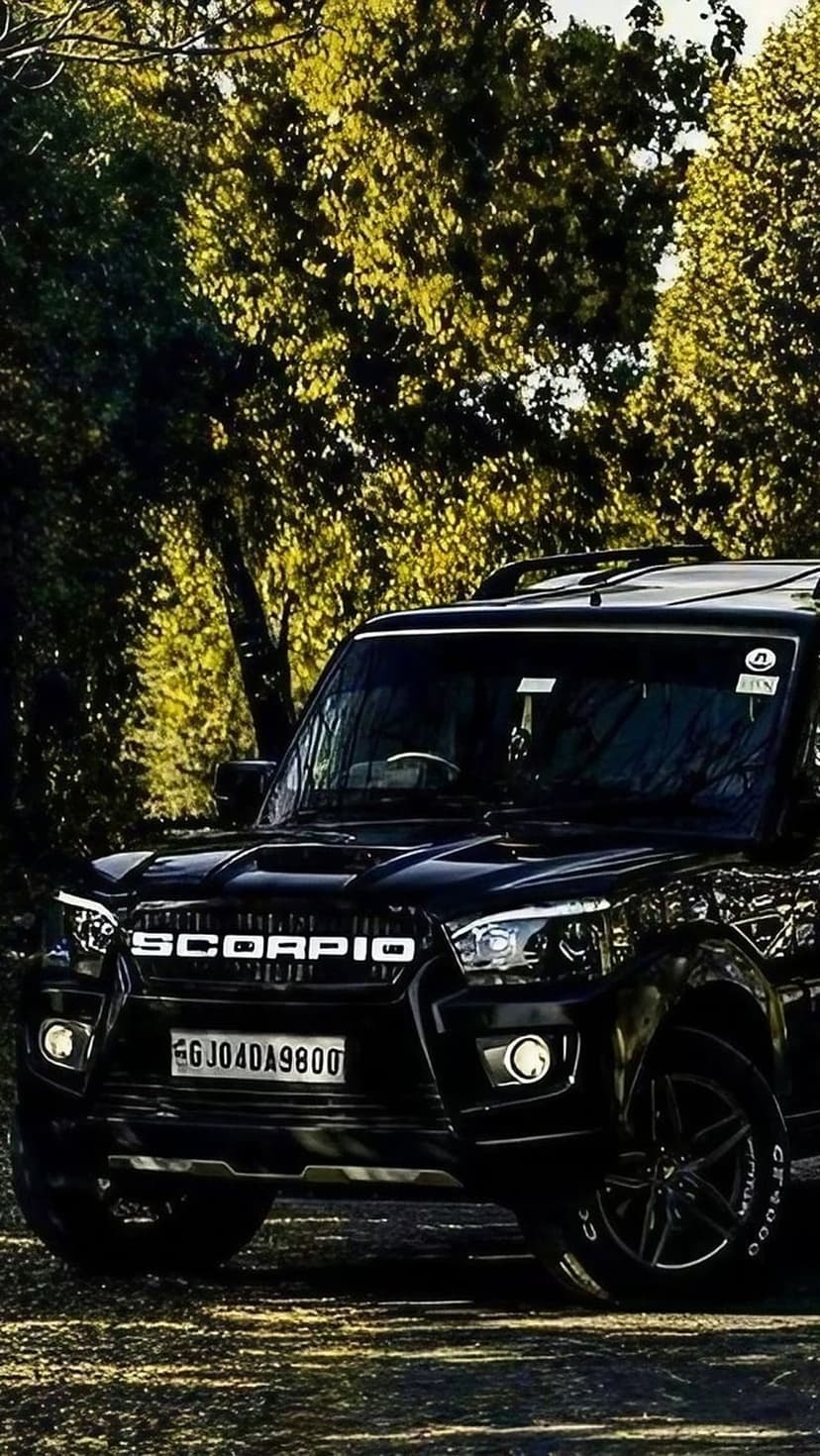 Black Mahindra Scorpio SUV parked on a forest trail with sunlight filtering through dense green tree leaves.