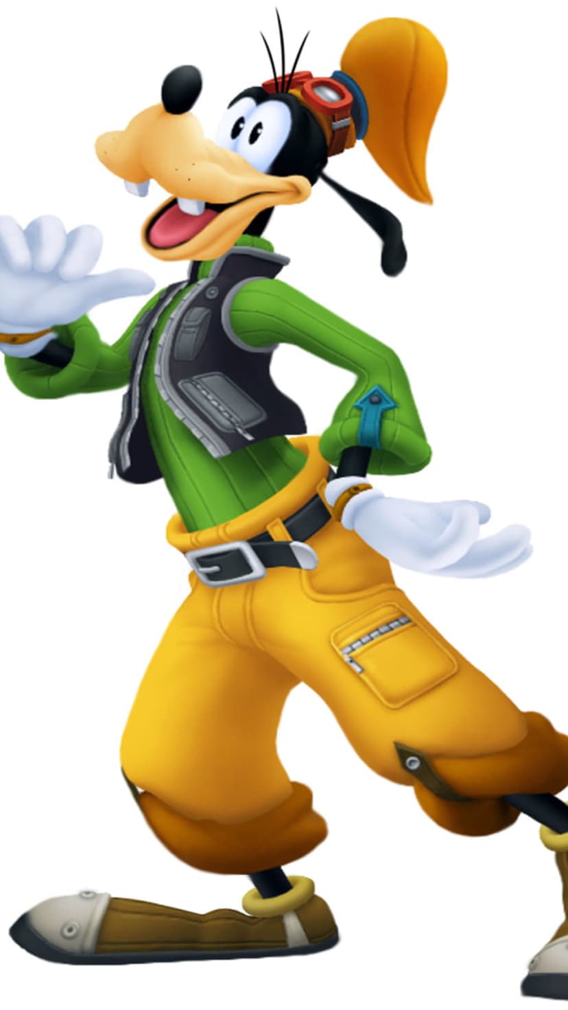 Goofy in a green shirt, dark vest, and yellow pants with goggles on his head striking a dynamic action pose.