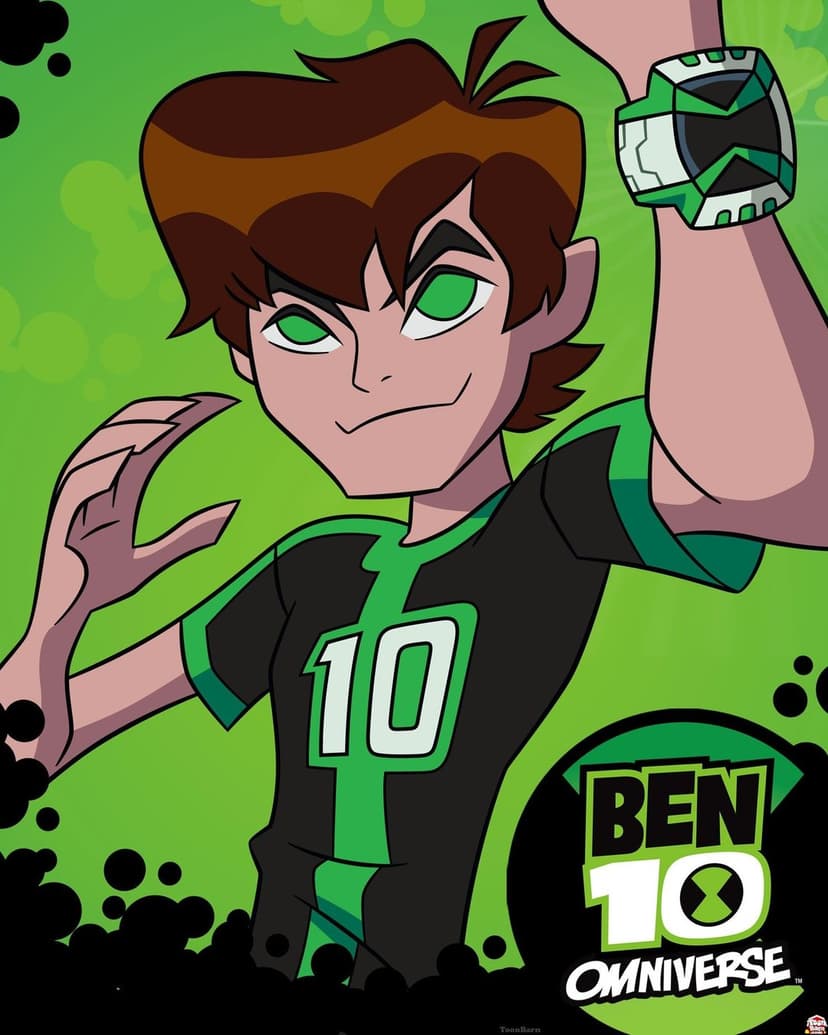 Ben Tennyson wearing a green and black shirt with the Omnitrix on his wrist against a dark green backdrop.