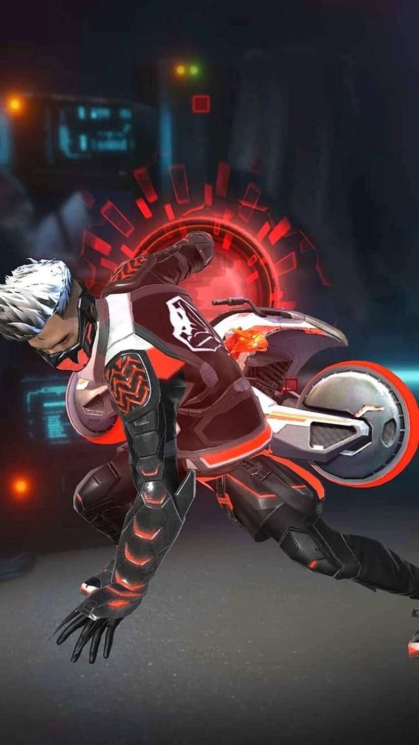 White-haired character in red and black techwear sitting on a glowing orange motorcycle in a dark factory.