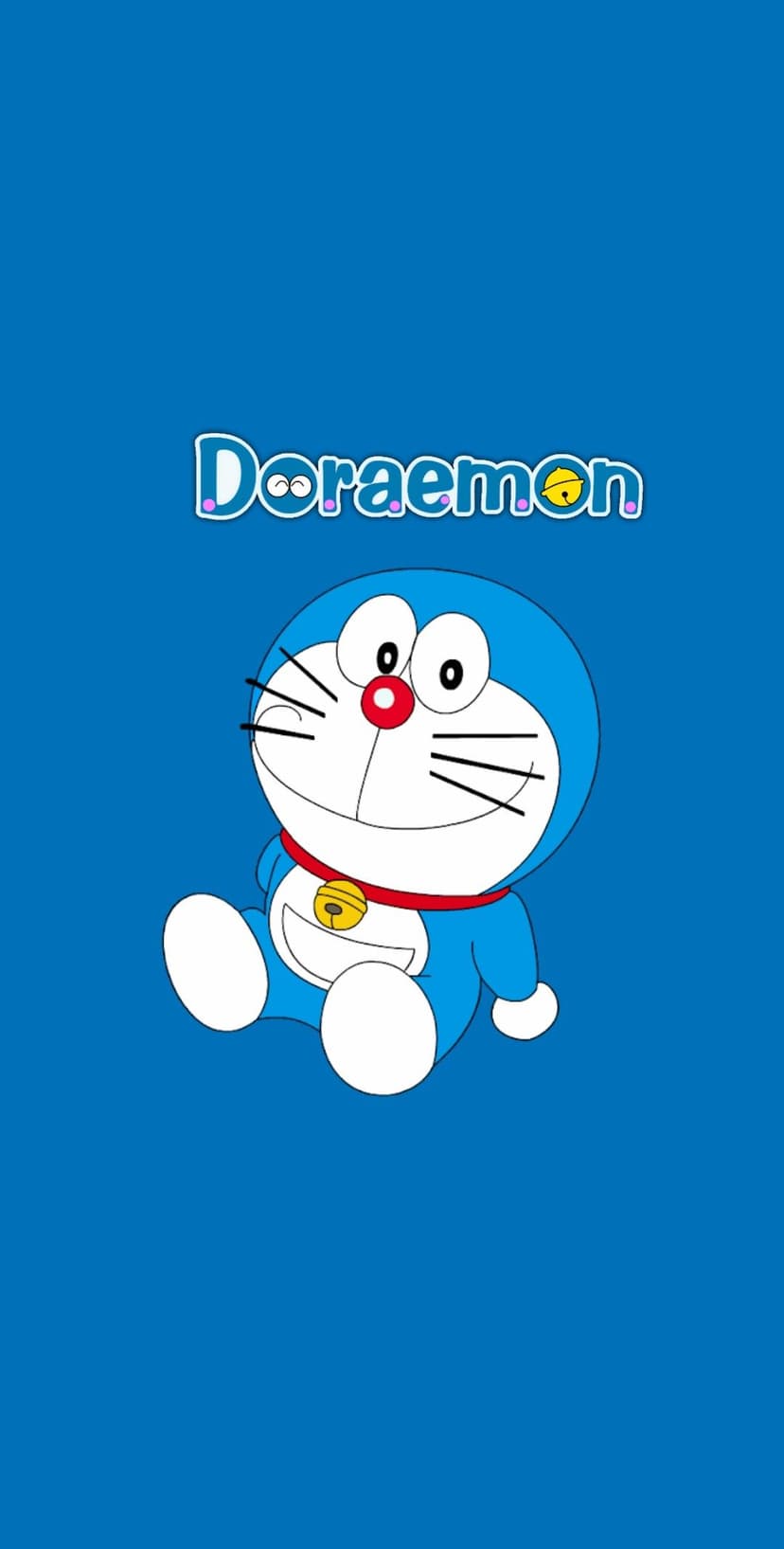 Doraemon the blue robotic cat sits smiling with a red collar and gold bell against a solid blue background.