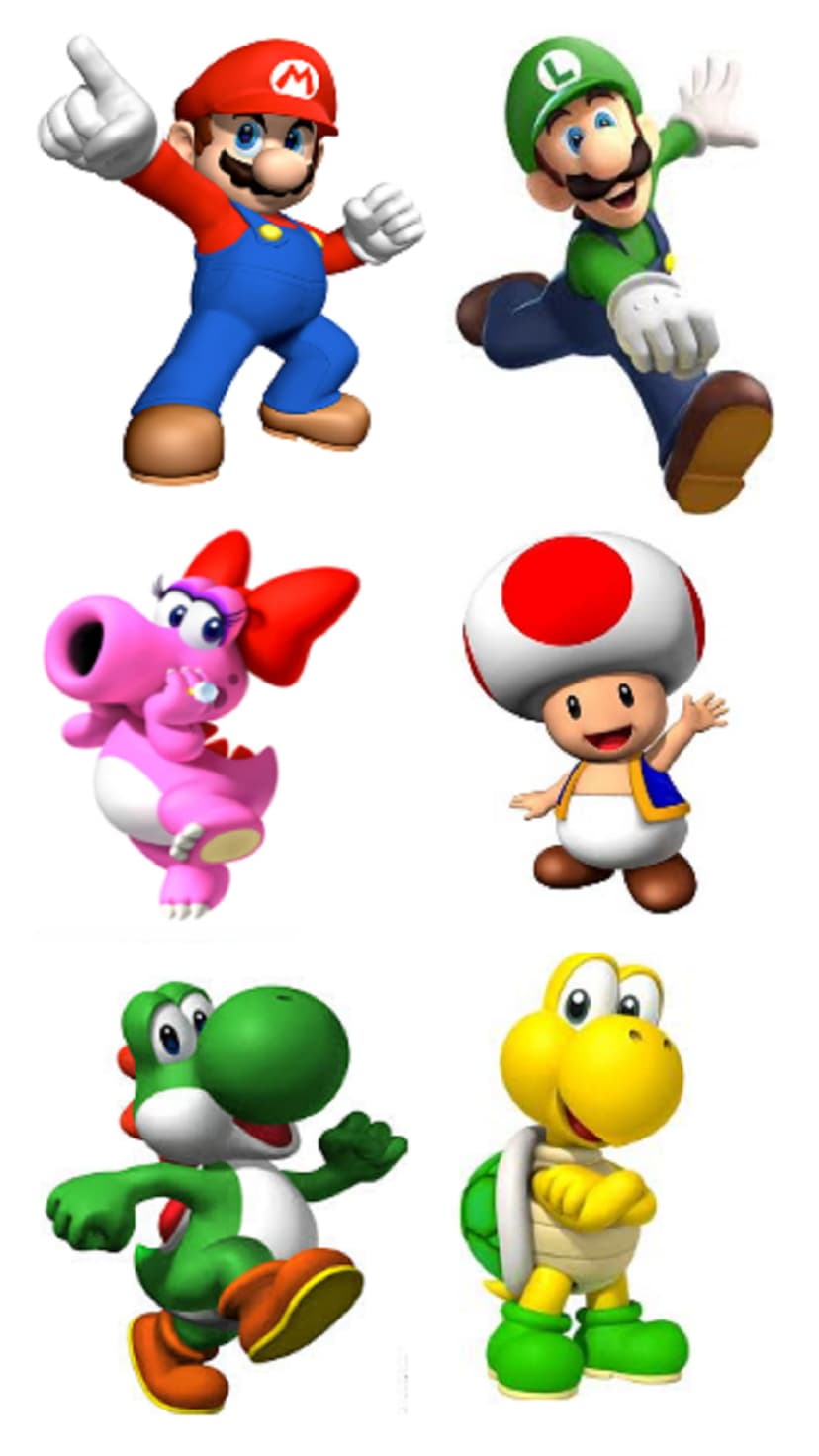 Mario, Luigi, Toad, Birdo, Yoshi, and Koopa Troopa stand in three rows against a plain white background.