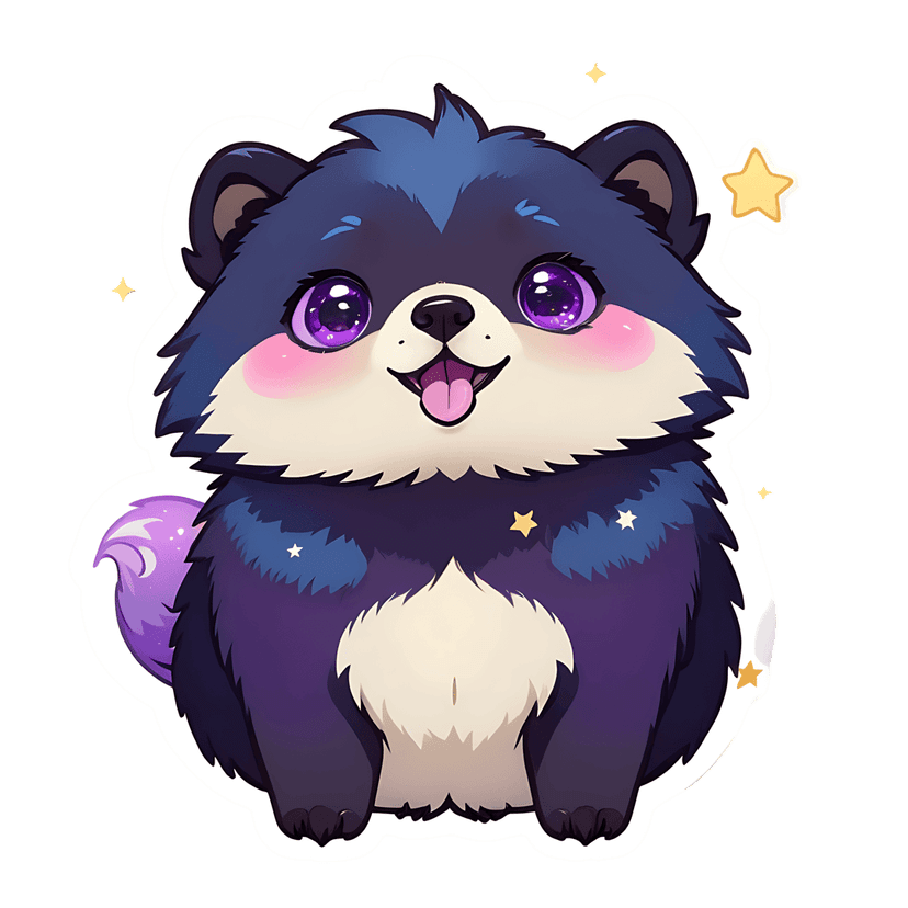 Violet bear sticker featuring fluffy purple fur, large sparkling eyes, and yellow stars on a white outline.