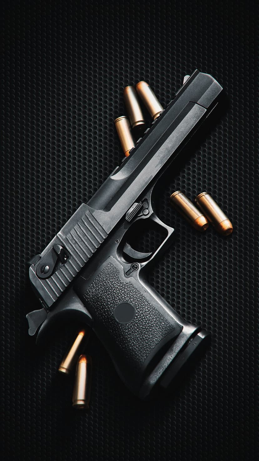 Desert Eagle handgun and brass ammunition scattered on a dark textured surface in a top-down view.