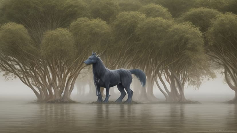 Black horse standing in a misty willow grove with its reflection visible in calm water under soft light.