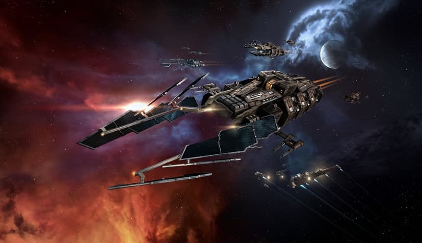 Fleet of metallic spaceships with solar panels flying past a blue nebula and a large cratered moon.