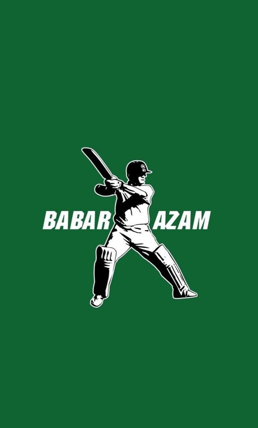 Babar Azam in full cricket gear holds a bat against a solid green background with bold white typography.