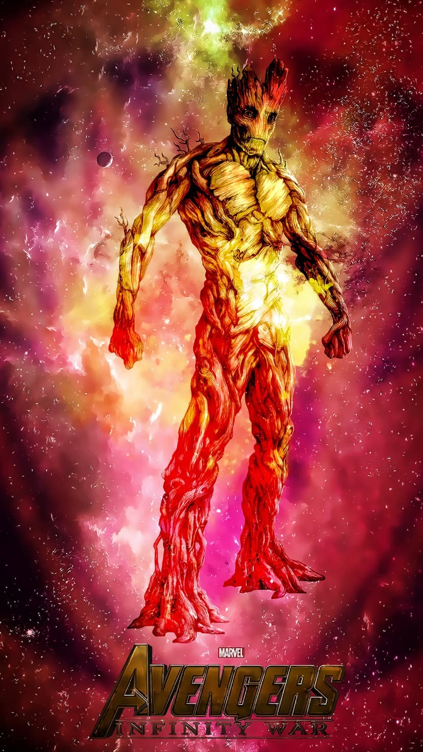 Groot stands before a swirling orange and purple nebula with movie logos at the base of the vertical frame.