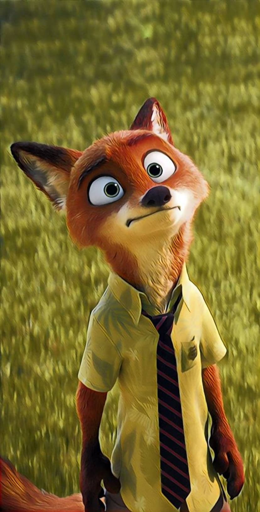 Nick Wilde from Zootopia stares thoughtfully while wearing a yellow shirt and striped tie against green grass.