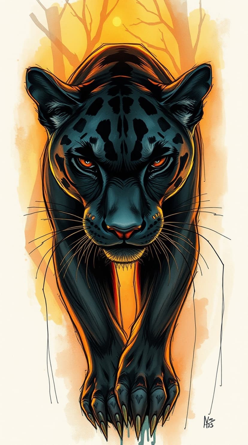 Black panther with glowing orange eyes emerges from a misty amber forest, showing sleek fur and sharp focus.
