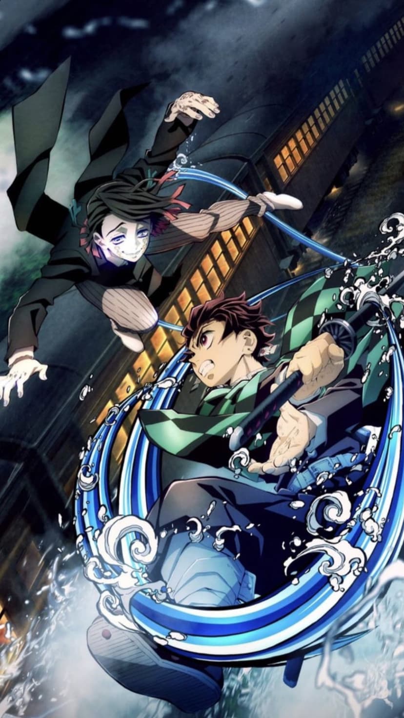 Tanjiro Kamado swings a blue water-clad sword at a black-haired female demon inside a traditional Japanese room.