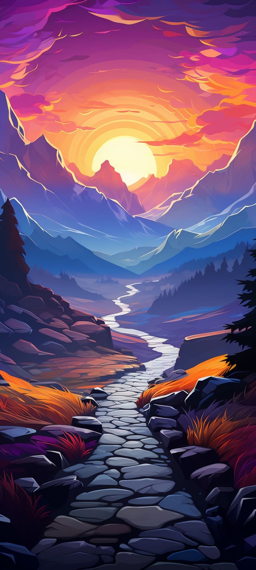Jagged mountain peaks overlook a winding stone path and river under a vibrant purple and orange sunset sky.