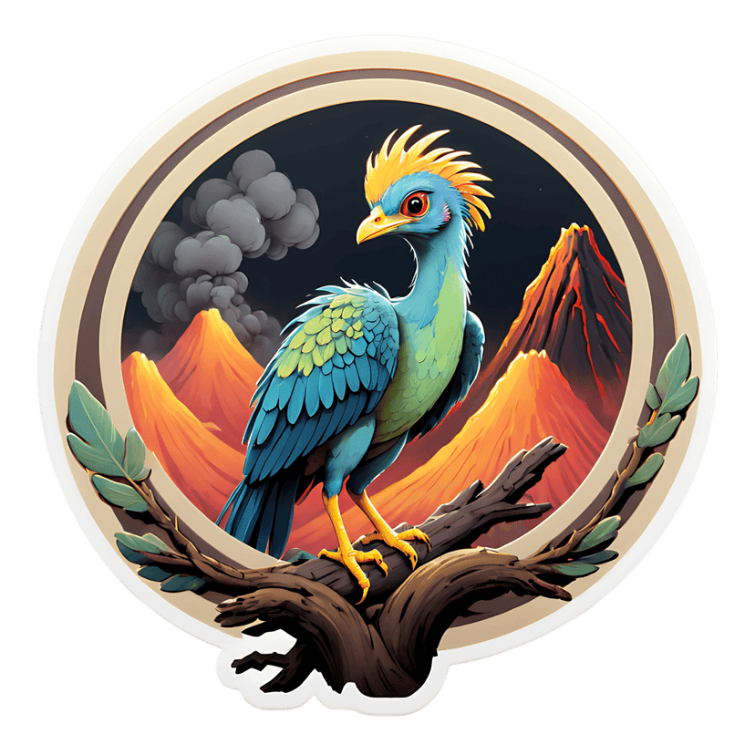 Blue green feathered dinosaur bird with a yellow crest perches on a branch before an erupting volcano at night.