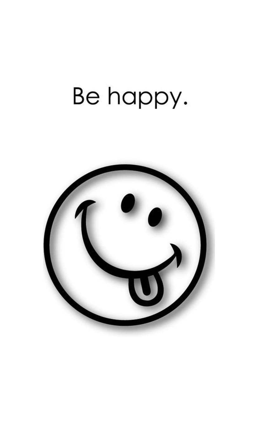 Black outline smiley face with a tongue out inside a circle and be happy text on a white phone background.