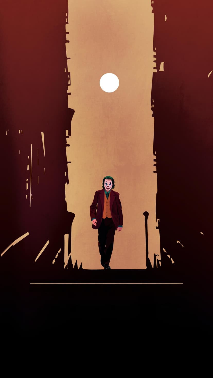 Three versions of the Joker stand against a fiery orange background in a vertical cinematic movie poster layout.