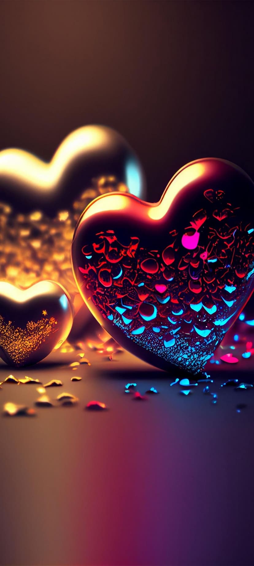 Three glowing hearts shimmer with neon droplets and golden sparkles against a warm gradient background.