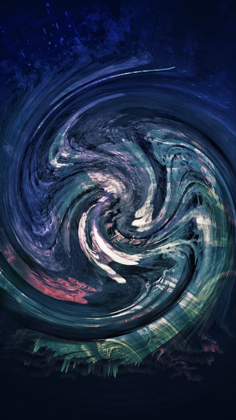 Spiraling currents of navy and turquoise fluid with subtle magenta highlights flowing into a central vortex.