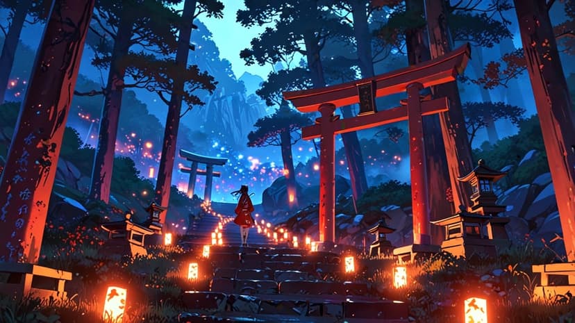 Young woman in a red kimono walks up stone stairs between glowing lanterns toward a red torii gate in a misty forest.