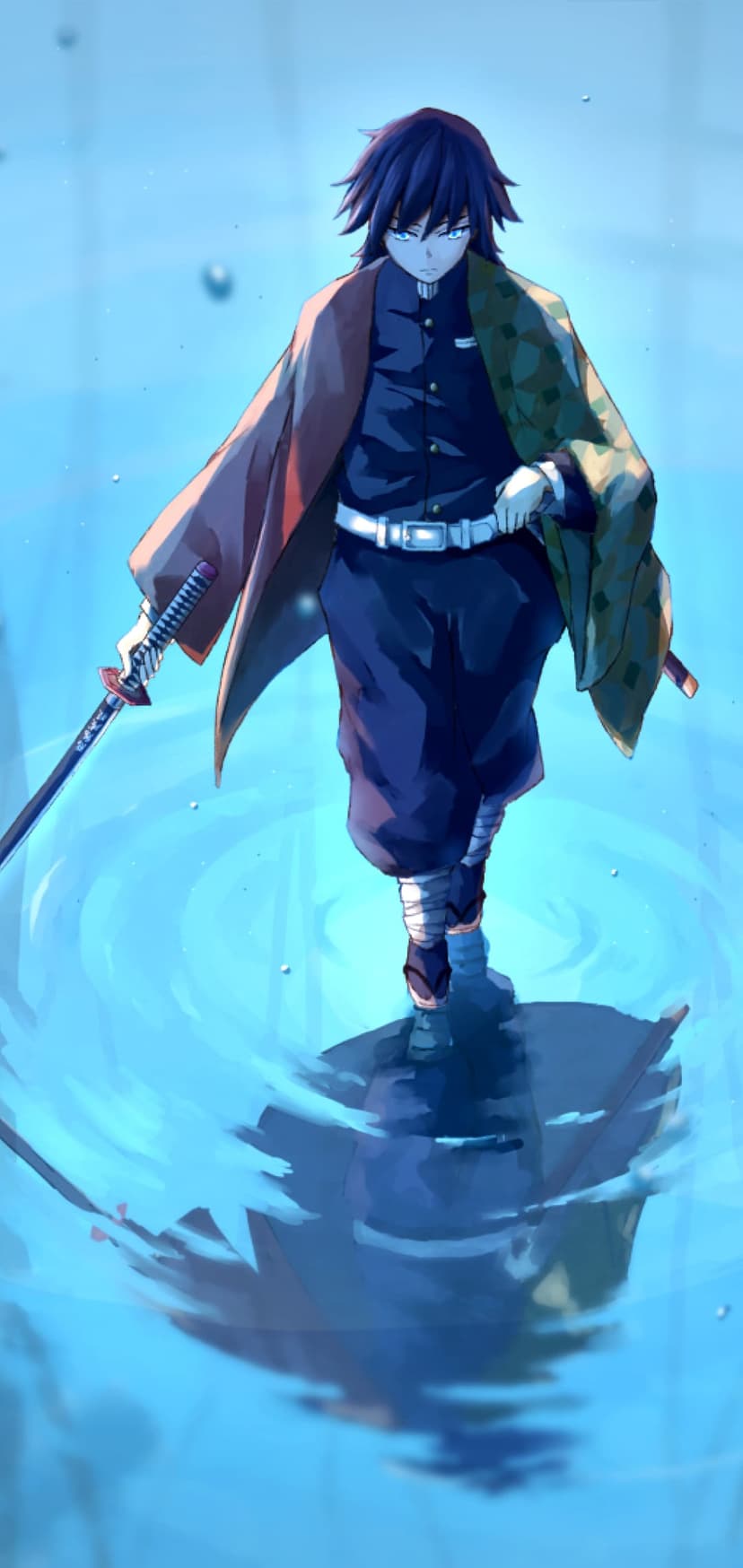 Swordsman in a patterned haori walks across shallow blue water while holding a katana during a serene day.