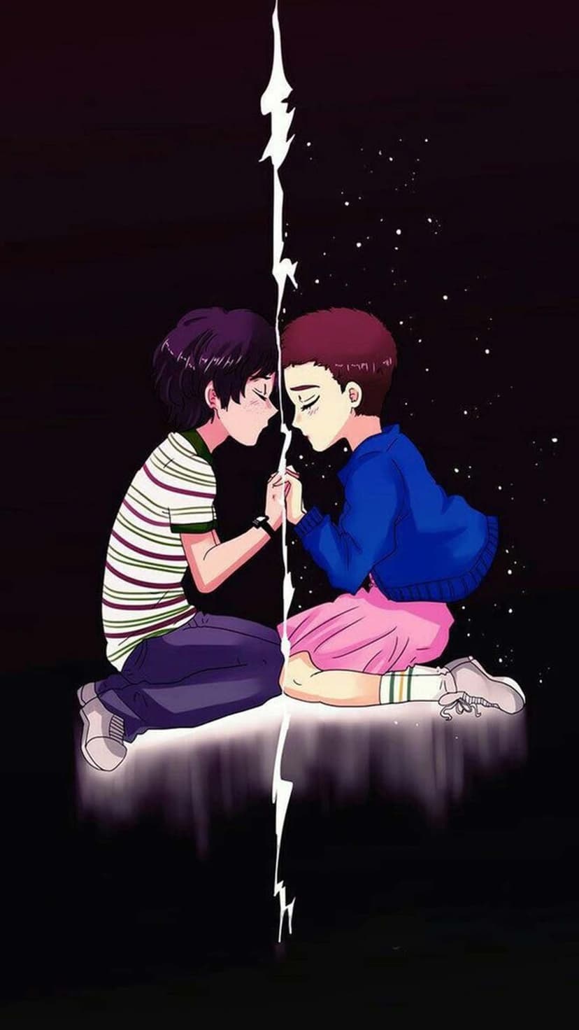 Eleven and Mike Wheeler reach for each other's hands across a glowing energy beam in a dark anime scene.
