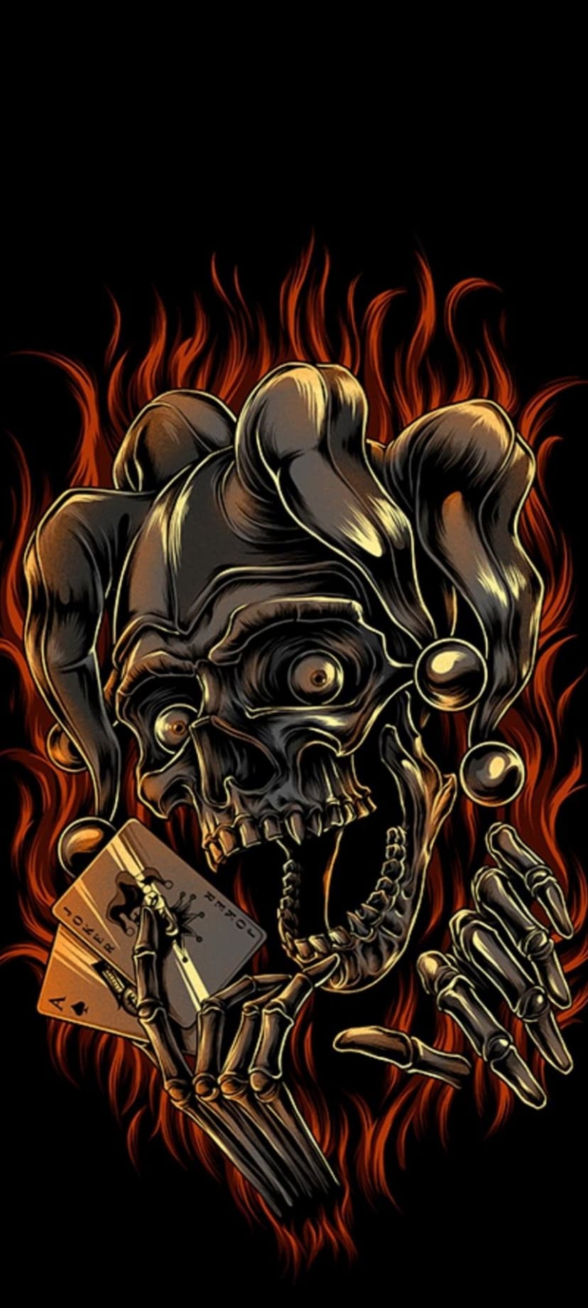 Skeletal jester skull wearing a hat and holding playing cards while engulfed in bright orange flames.