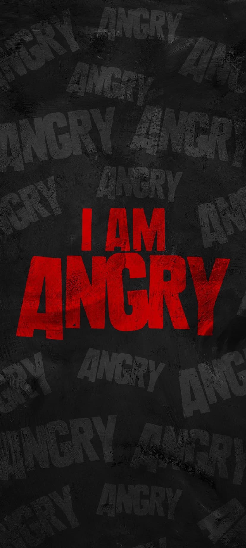 Red distressed text reading I Am Angry centered on a black textured surface with faded gray background lettering.