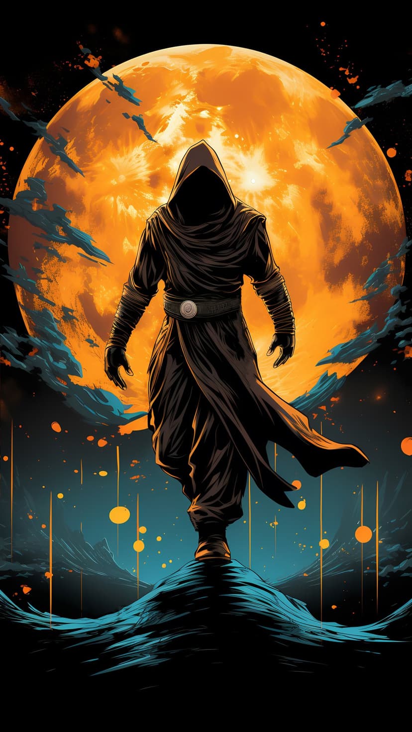 Cloaked hooded figure stands on a rocky ledge before a giant orange glowing moon and a starry cosmic sky.