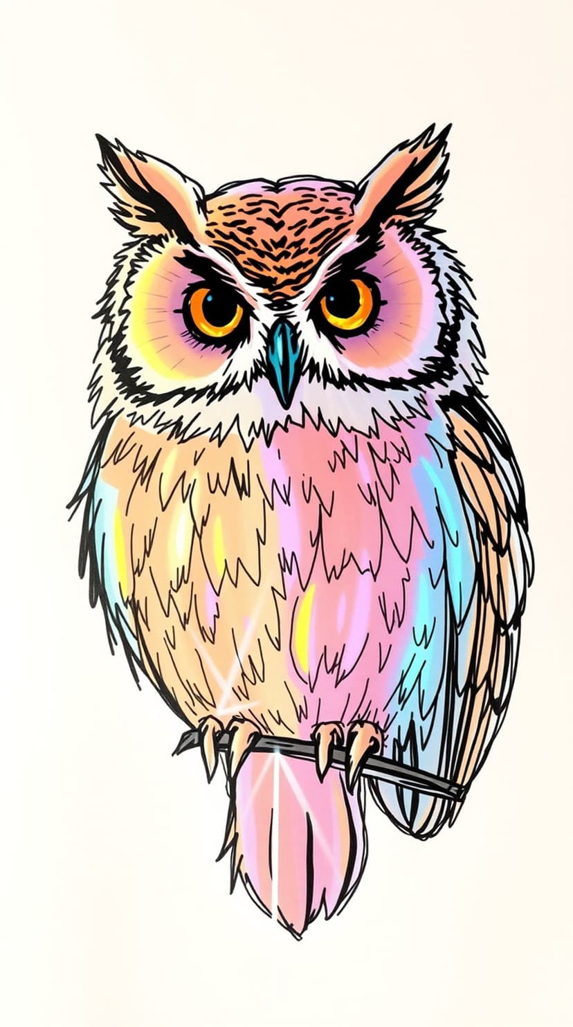 Stylized owl with orange eyes and pink, blue, and yellow feathers perched on a branch with black outlines.