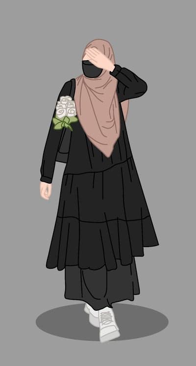 Muslim woman in black dress and hijab holding flowers