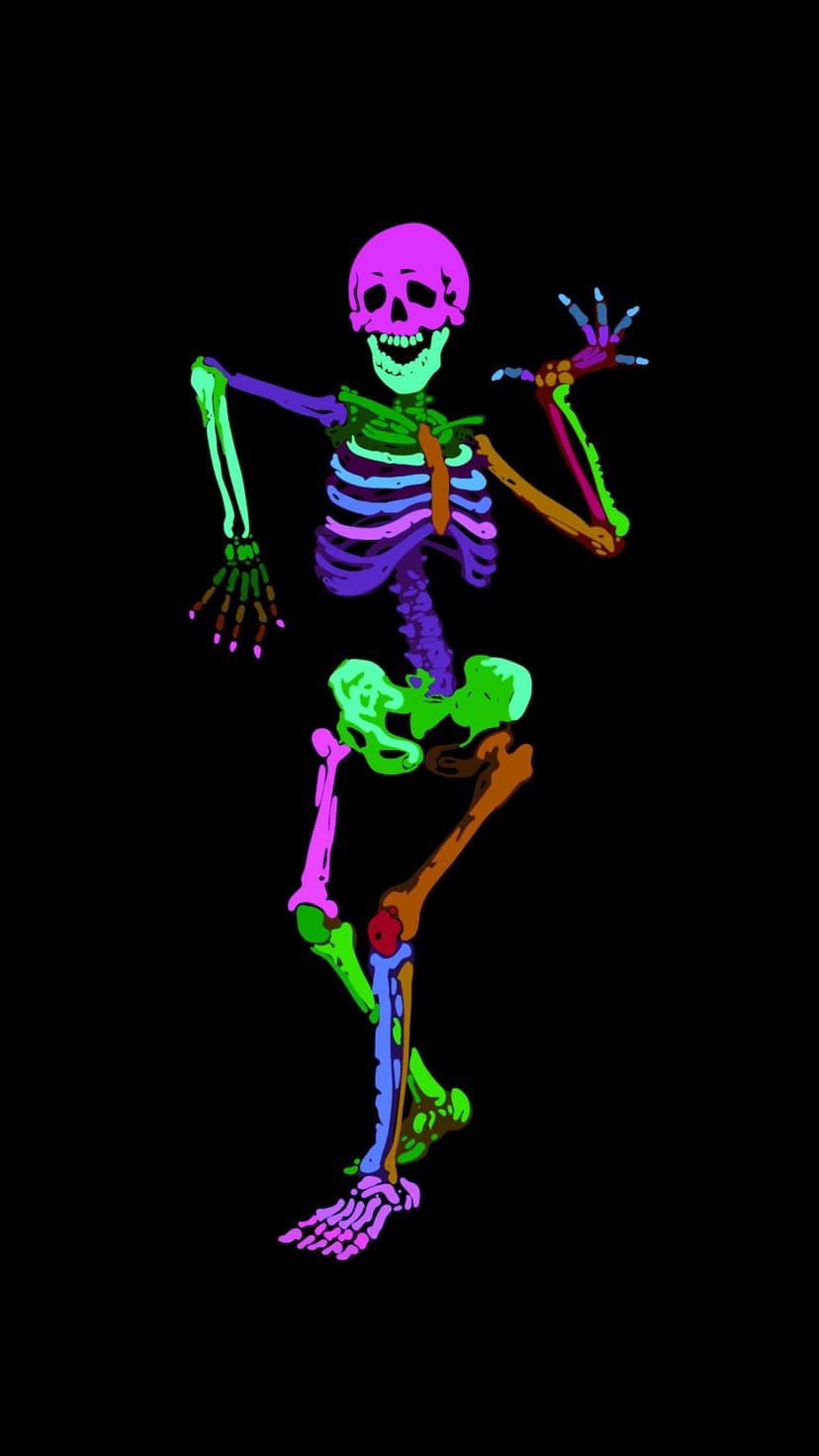 Grinning skeleton with neon pink and blue bones dances against a black background with one hand raised in a wave.