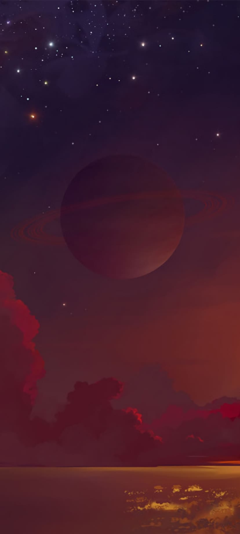 Ringed planet hovering over a calm sea under a fiery red and purple sunset with distant stars and clouds.
