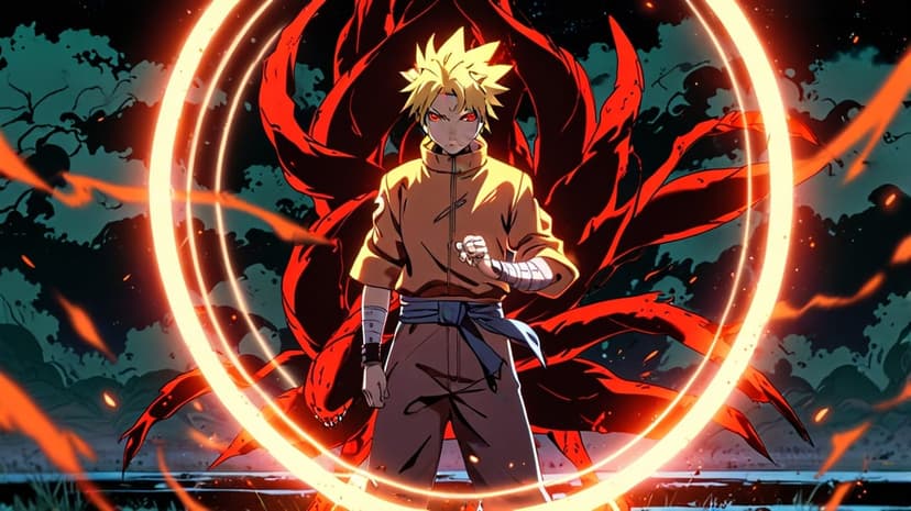 Naruto Uzumaki in Sage Mode with glowing orange chakra and red fox tails against a dark forest background.