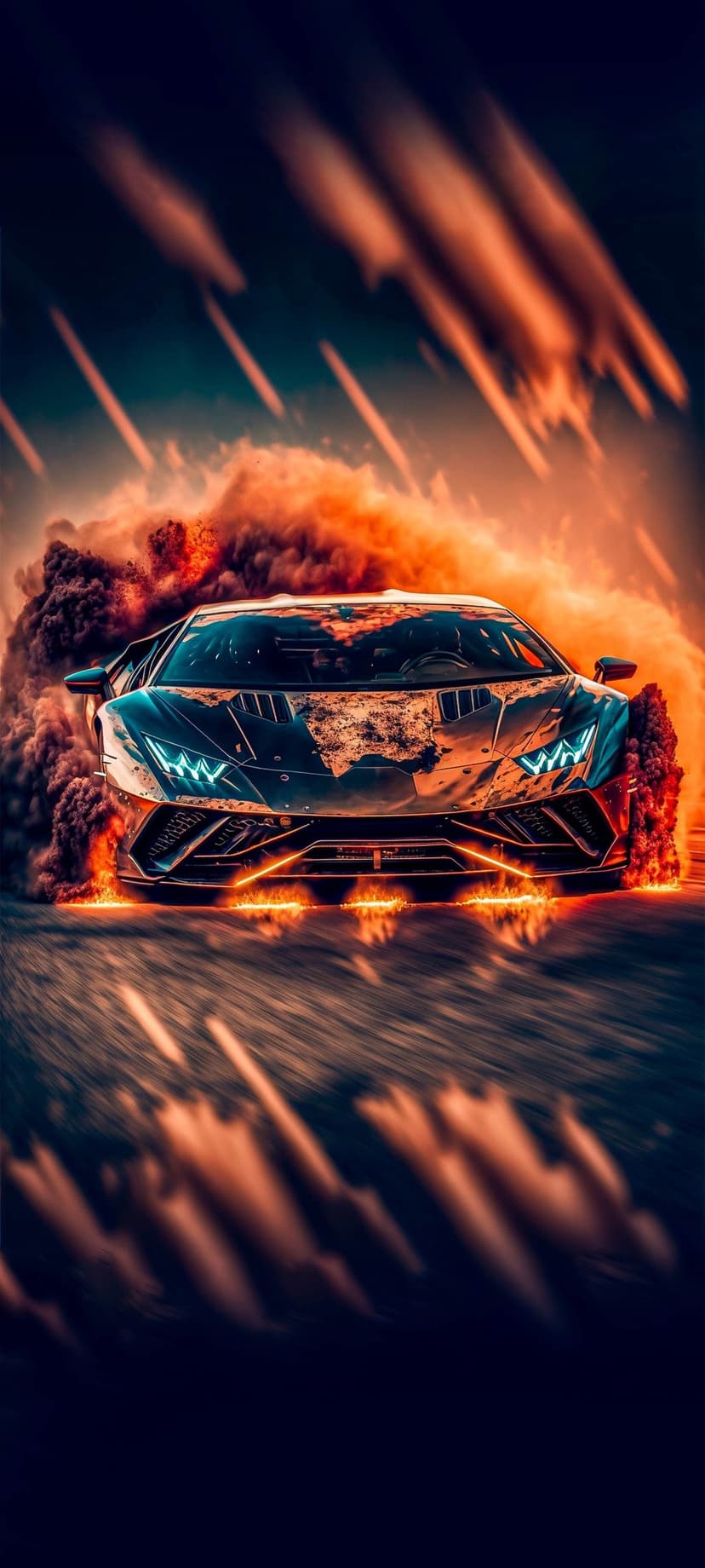 Dark Lamborghini with glowing headlights speeds through thick orange smoke and flying sparks on a race track.