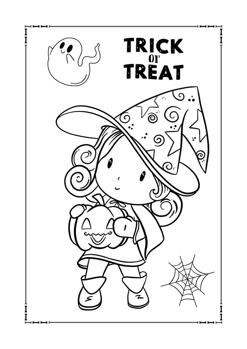 Halloween coloring page showing a witch, ghost, and jack-o-lantern in black and white line art style.