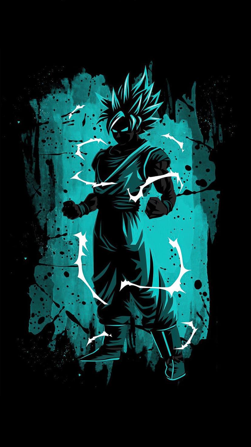 Goku silhouette glowing with teal energy and white lightning bolts against a dark grunge splatter background.