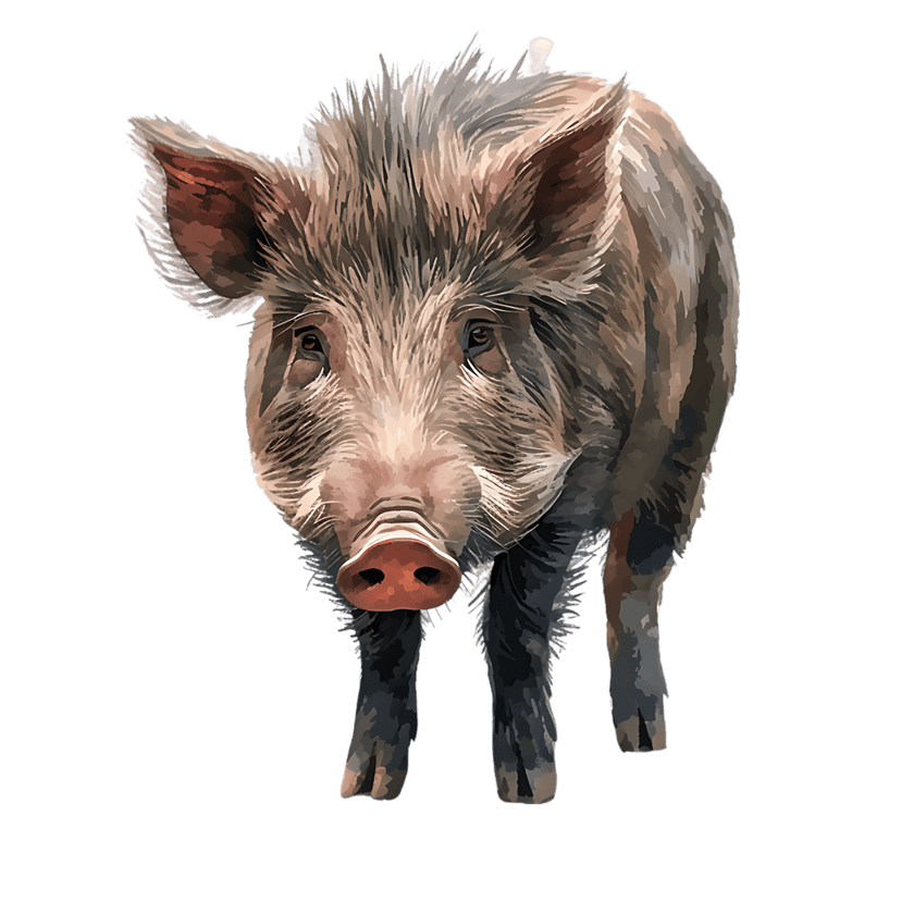 Realistic wild boar stands forward showing coarse brown fur, dark hooves, and a prominent snout against black.